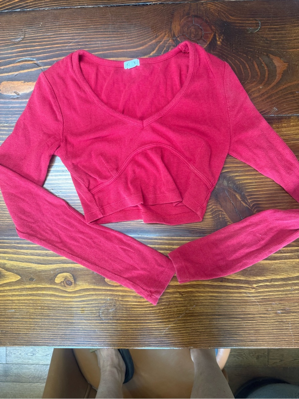 Garage Red Ribbed V-Neck Long-Sleeve Crop Top